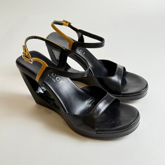 Gucci Y2K Black Leather Cut Out Wedge Heel Sandals With Yellow Straps Size 36C